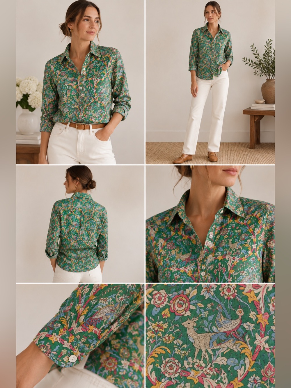Ann Mashburn Floral Animal Print Popover Shirt Green Cotton Size S